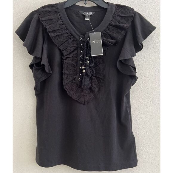 Lauren Ralph Lauren Womens Sz Small Ruffle-Trim Lace-Up Jet Black Top - Picture 2 of 11